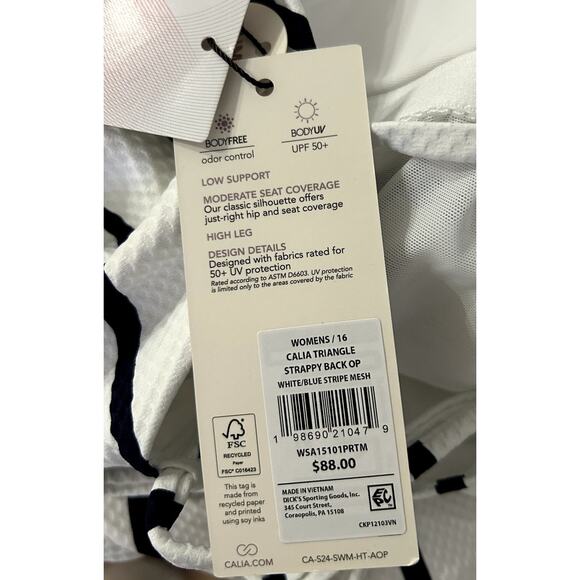 CALIA Swim Triangle Strappy Back One Piece White/Blue Stripe Mesh 16 NWT - Picture 6 of 8